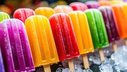 Rainbow Popsicles: A vibrant row of colorful popsicles, arranged in a spectrum of delicious hues, sits nestled in a bed of ice, promising a refreshing summer treat.