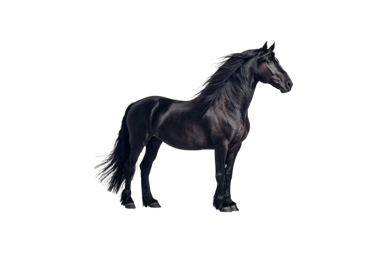 Magnificent black stallion in dynamic pose, flowing mane and tail creating dramatic silhouette with muscular frame, isolated on a transparent background