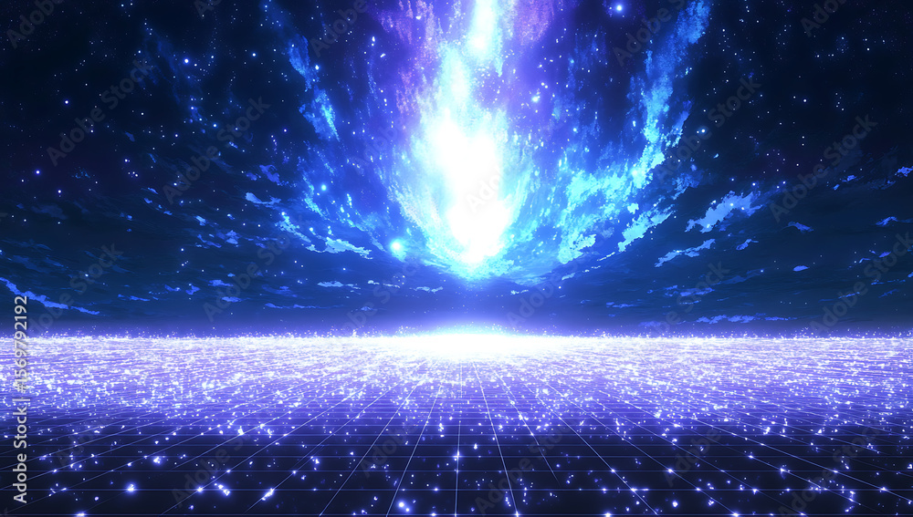 Poster an abstract digital background with a blue glowing light and dark space, grid lines, and a network o