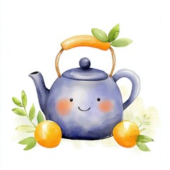 Smiling Purple Teapot with Oranges and Leaves Watercolor Illustration