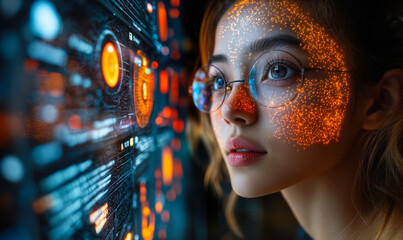 Close up of woman wearing glasses analyzing digital interface with glowing data points on face and high-tech holographic display in dark room technology concept