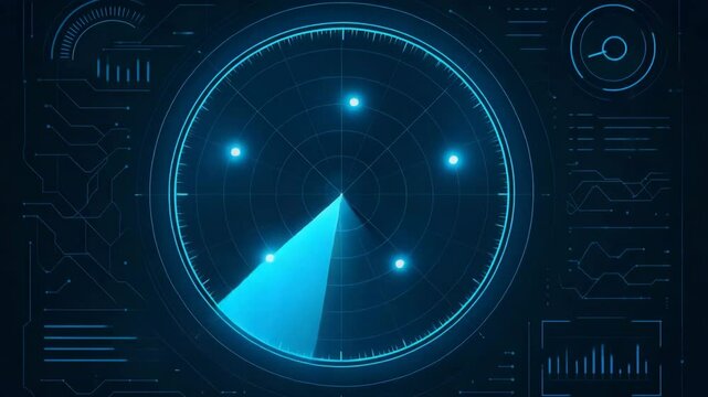 Futuristic radar interface displaying signals and data in a digital environment. The sleek design features glowing elements and a high-tech look, perfect for tech-related projects.