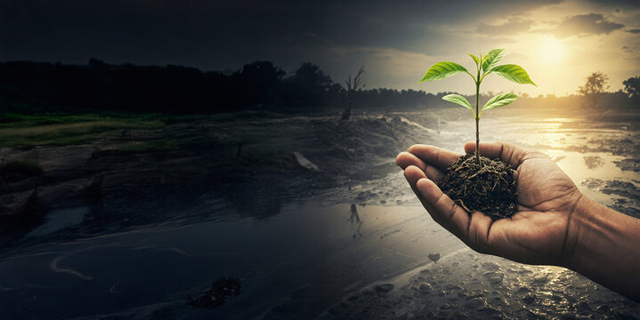 A Hand Holding a Young Growing Plant in a caotic scenario. Hope and Renewal