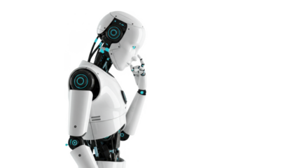 A thoughtful humanoid robot contemplates, its hand near its face, against a stark white background.