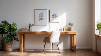Interior with Wooden Desk, Chair, Botanical Prints, and Plants