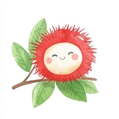 Smiling Rambutan Fruit Cartoon Illustration Watercolor Style