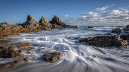Fototapeta premium Tall black rocks standing above ocean level surrounded by swirling white sea foam