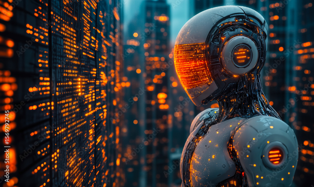 Poster futuristic humanoid robot analyzing glowing digital data streams in high-tech environment with blue 