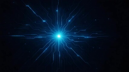 A striking abstract image featuring a bright blue light emanating from a central point, surrounded by intricate circuit patterns, symbolizing innovation and digital advancement. - Powered by Adobe
