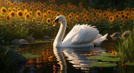 Obraz premium Majestic Swan Gliding Gracefully Through a Sun-Drenched Sunflower Field Pond