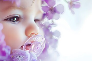 Close-Up of Baby Face Surrounded by Purple Flowers and Nature Elements