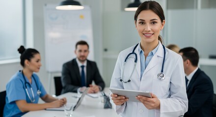 Fototapeta premium Confident Female Doctor with Tablet in Medical Meeting