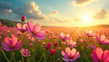 Cosmos flowers blanket a vast field, bathed in golden sunlight , golden, Cosmos, nature