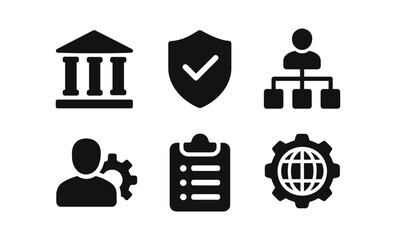 Set of business and security icons featuring organization, protection, and global networking