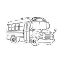Black and White School Bus Line Art Illustration for Coloring Book, Education Materials, Kids Activity Pages, and Learning Transportation Concepts.