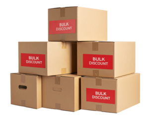 Stack of Cardboard Boxes with Red Discount Labels, Side Perspective, Isolated on Transparent Background