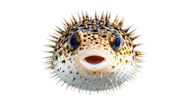 Porcupinefish is inflating, showing spines, isolated on transparent background, ready for compositing