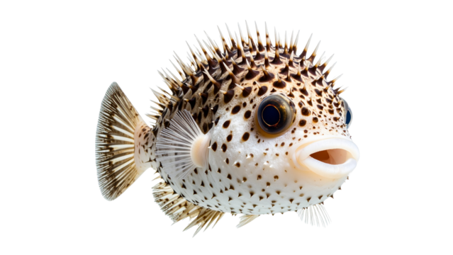 Porcupinefish is inflating, showing spines, isolated on transparent background, ready for compositing