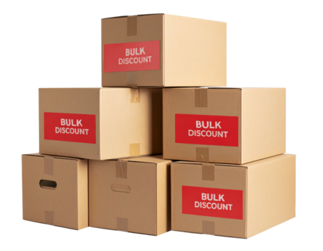 Stack of Cardboard Boxes with Red Discount Labels, Side Perspective, Isolated on Transparent Background