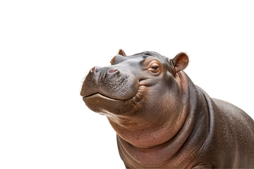 Adult hippopotamus with head tilted upward showing thick neck and peaceful facial expression, isolated on a transparent background