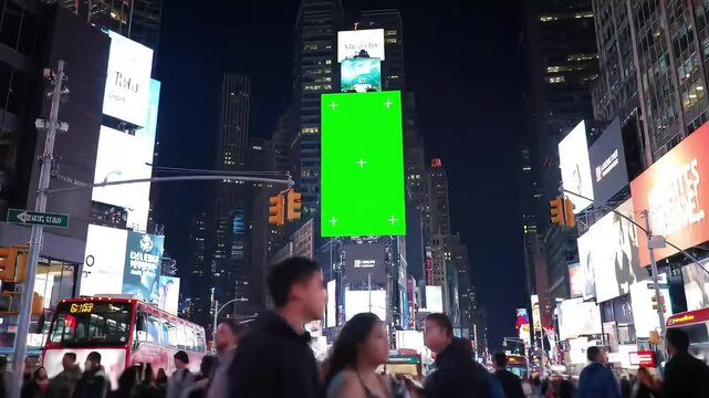 Green screen in Times Square at night, busy crowds, potential advertising backdrop
