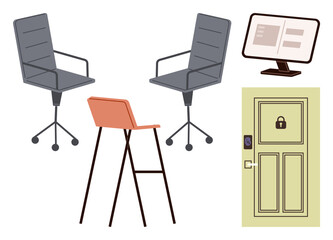 Office setup featuring swivel chairs, barstool, computer monitor with interface, and locked door. Ideal for safety, accessibility, workspace, privacy, remote work interior simple flat metaphor