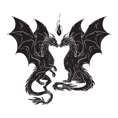 Dragons folklore magic animals isolated hand drawn line art gothic tattoo design isolated vector illustration
