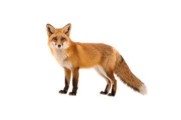Fototapeta premium Red fox standing alert with bushy tail and pointed ears, isolated on a transparent background