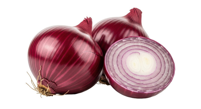 Isolated Group of Red Onions, Whole and Halved