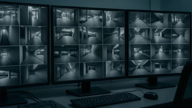 A dark room with multiple screens displaying surveillance footage. The monitors show various camera angles in black and white, emphasizing security and monitoring technology.