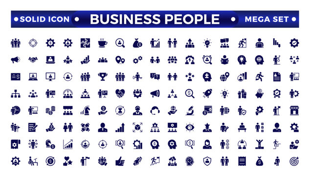 Business people solid icons set. Businessman solid icons collection. Teamwork, human resources, meeting, partnership, meeting, work group, success, resume.

