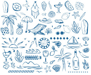 Italian or greek style vacation hand drawn vector illustrations in grunge scribble rough doodle sketch style elements. Lemon, palm tree vacation in chalk charcoal style. Drawings for poster, placard