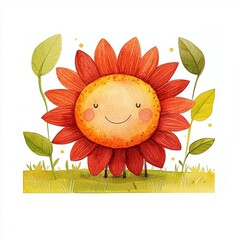 Smiling Red Sunflower Cartoon Illustration Watercolor Style