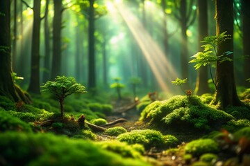 Sun Dappled Forest: Miniature Tilt-Shift Photography of Sunlight Through Lush Green Leaves
