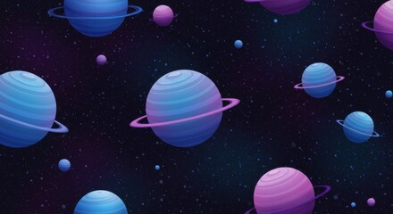 Naklejka premium Cartoon planets floating in a dark, starry, purple and blue space background