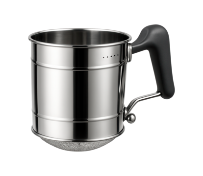 A handheld flour sifter with a crank handle, designed for evenly dusting flour over a kitchen counter or mixing bowl.