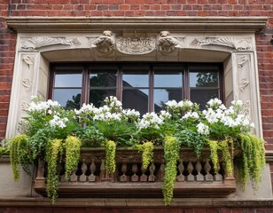 ornate stone window box with lush green plants and white flowers on old brick building