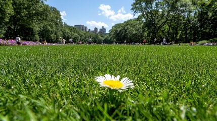Single White Daisy in Lush Green Grass, Sunny City Park