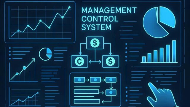 This image depicts a digital management control system dashboard featuring graphs, charts, and data flow, showcasing analytics for business performance enhancement.