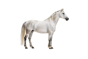 White Arabian horse standing in elegant pose with flowing mane and refined muscular build, isolated on a transparent background