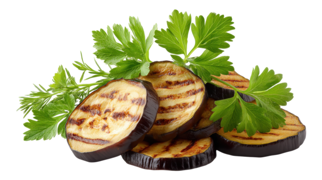 Delicious grilled eggplant slice with parsley isolated on transparent background