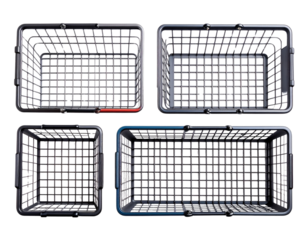 Three Empty Wire Shopping Baskets in a Row, Overhead Flat Lay, Isolated on Transparent Background