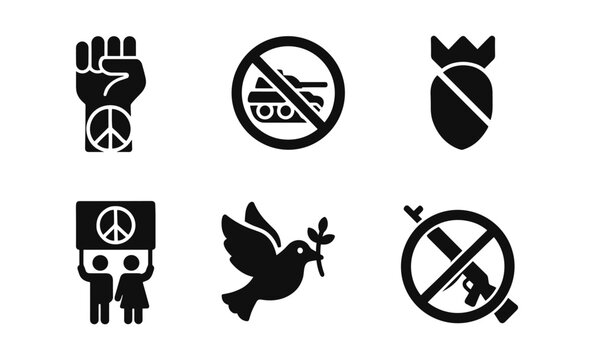 Peace and anti-war symbols collection: unity, dove, and prohibition signs
