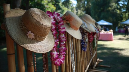 A collection of sun hats and floral leis hanging on a bamboo display at summer fest