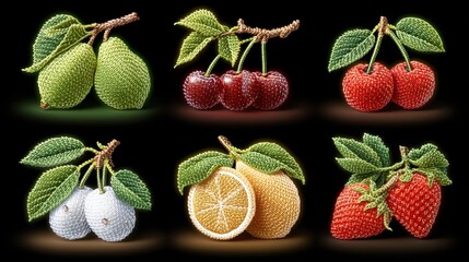 Six Beaded Fruit Clusters on Dark Background