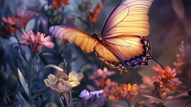 Butterfly flitting among vibrant flowers in soft light