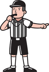 Vector of a cartoon referee blowing a whistle while pointing, wearing a cap and casual shorts. Ideal for playful sports themes.