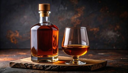 Spirit's Elegance: A beautifully styled bottle of premium liquor stands alongside a crystal glass, the warm, amber liquid inside gleaming under the soft light.