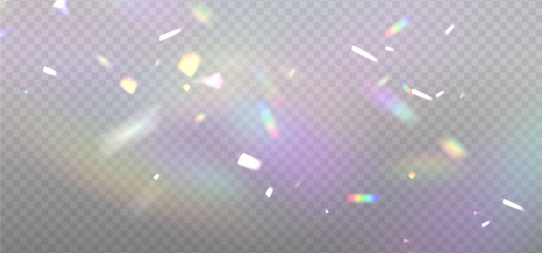 Rainbow chaotic reflection light prism effect on light background. Hologram glass dispersion, crystal flare leak shadow overlay. Vector illustration