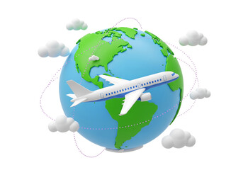 3D airplane flying around the globe. International travel, tourism, and vacation concept. Isolated on transparent background, png